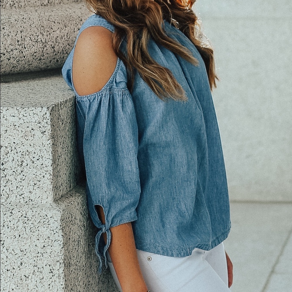Madewell Chambray Open Shoulder Top